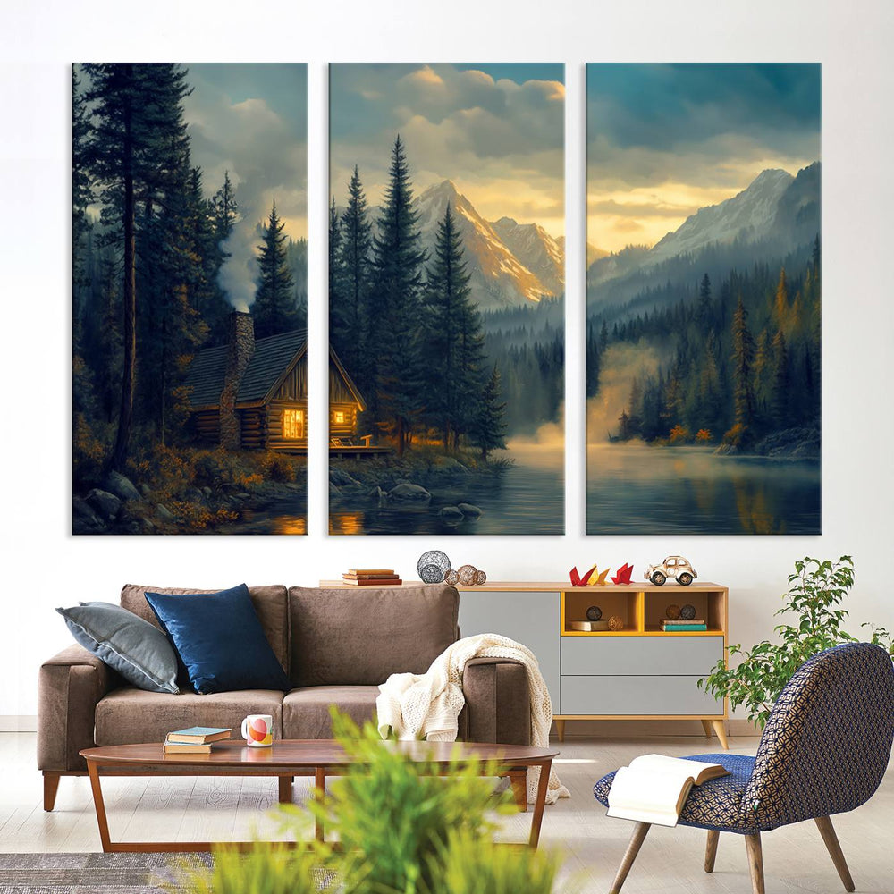 Serene sunset lake wall art: a cozy mountain cabin with lights, framed by pine trees and set against a moody sky. Ideal for adding rustic lodge charm to your space.