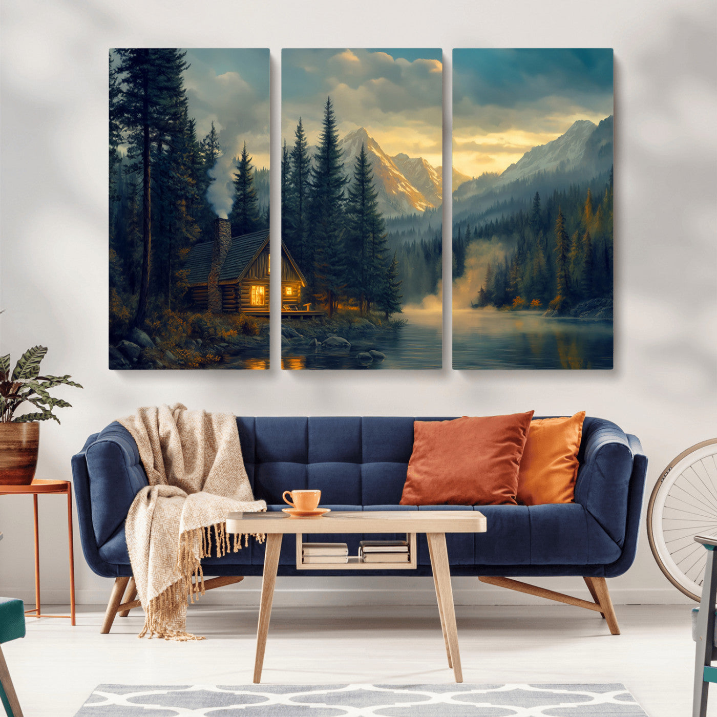 MGV-CV-48X32-3P - Mountain Cabin by the Lake at Sunset Wall Art - Serene Nature Canvas Print for Living Room Decor,
