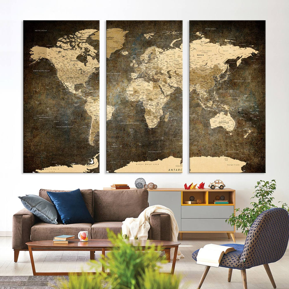 Vintage world map canvas print in sepia tones with antique-style design for home and office décor.