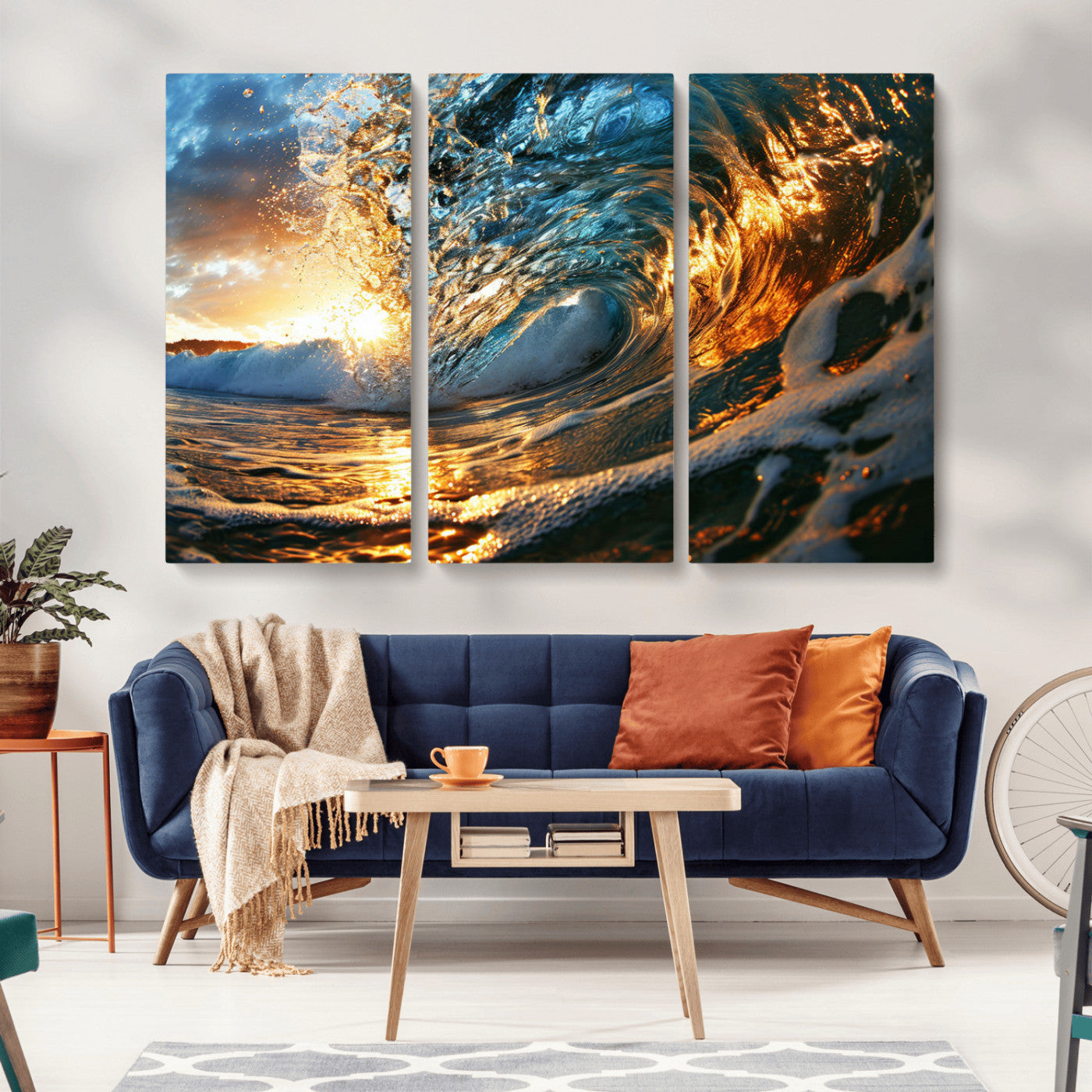 MGV-CV-48X32-3P - Ocean Wave at Sunset Canvas Wall Art – Vibrant Coastal Beach Waves Print, Large Nautical Decor,
