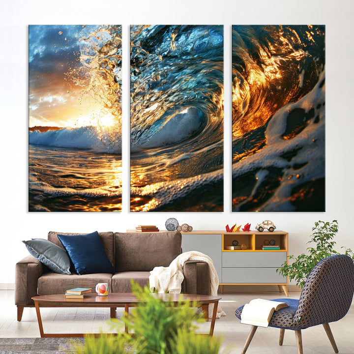 Ocean Wave at Sunset Wall Art | Ready to Hang Triptych Canvas Print | Coastal Wall Art for Living Room | Nautical and Beach House Decor