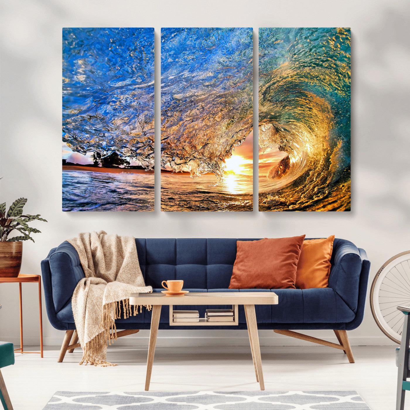 MGV-CV-48X32-3P - Ocean Wave at Sunset Canvas Wall Art – Vibrant Coastal Beach Waves Print, Large Nautical Decor,