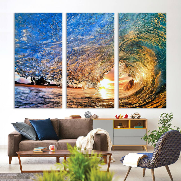 Ocean Wave at Sunset Canvas Print | Large Coastal Ocean Wall Art Print | Vibrant Beach Waves Art Print | Surf Lover Gift | Nautical Decor