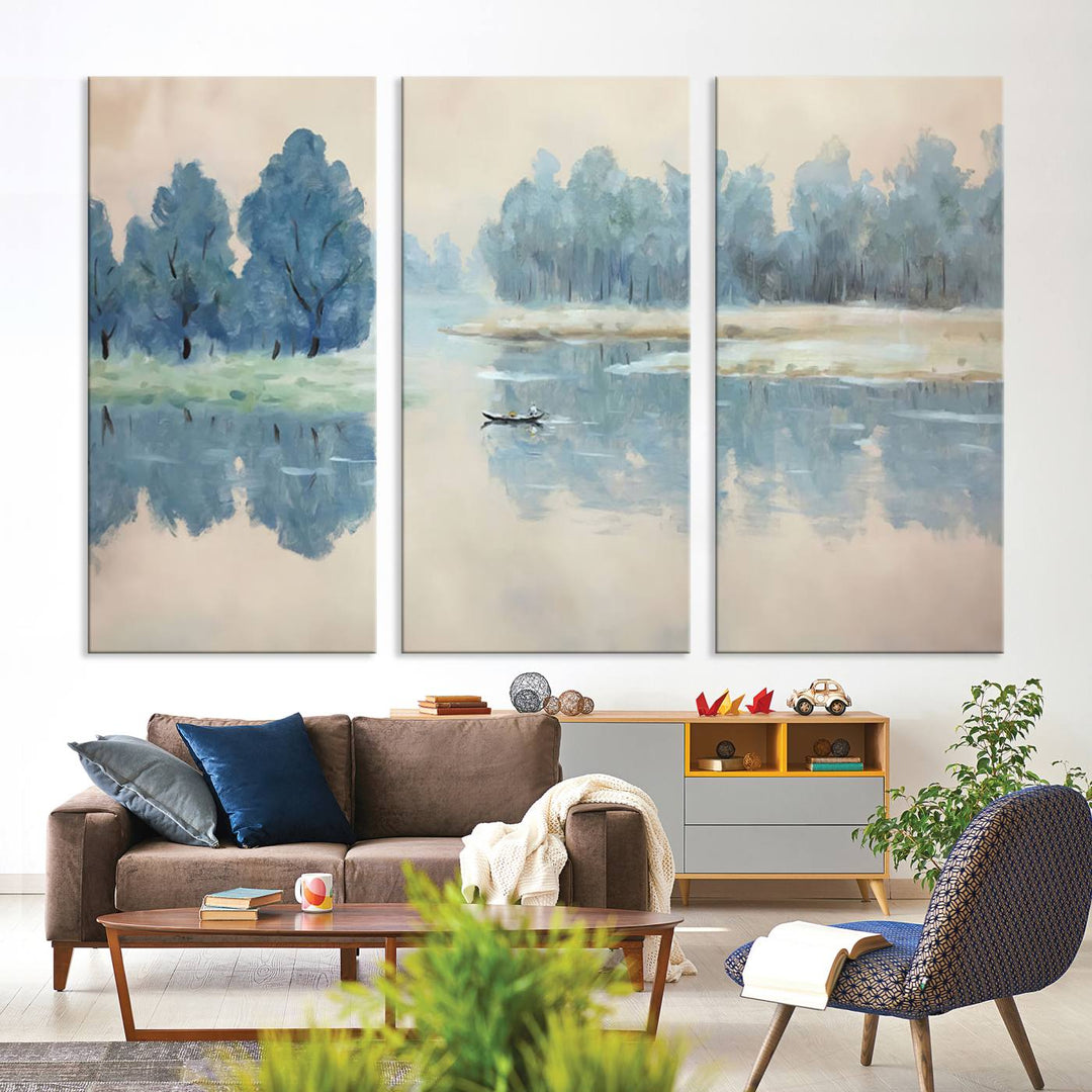 Landscape Printing Lake and Boat Scene | Serene Landscape Wall Art for Nature Lovers | Ready to Hang Triptych Canvas Print | Peaceful Blue Trees and Water Reflection Decor