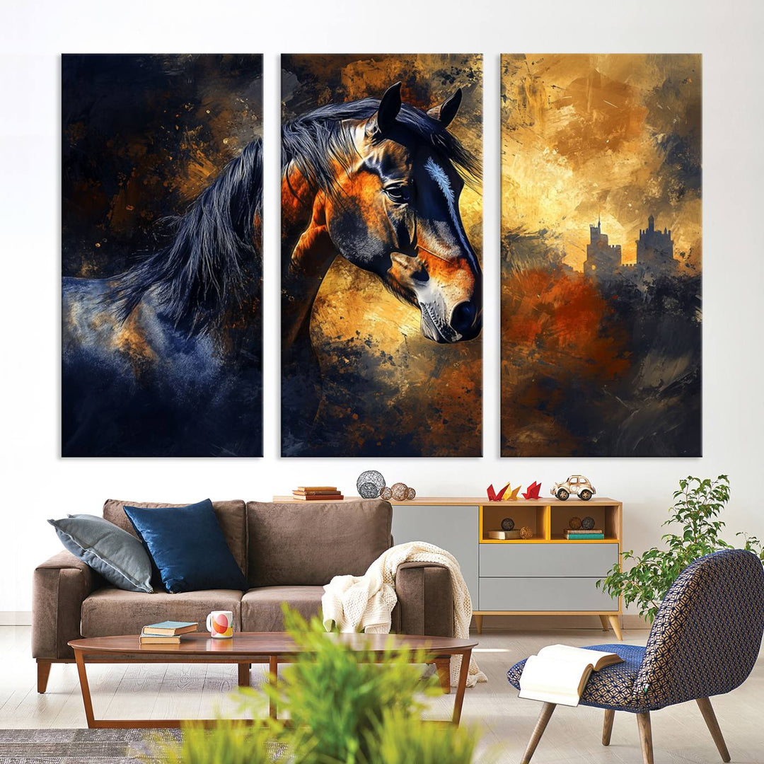 Abstract Horse Art Print on canvas, featuring a colorful background, perfect for rustic farmhouse or equestrian decor.