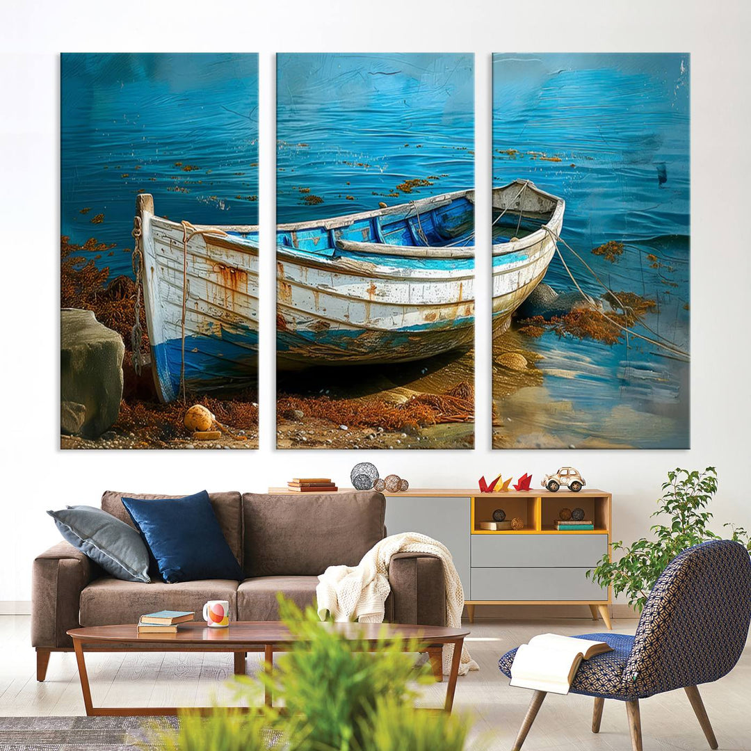 Vintage boat on tranquil waters—rustic triptych canvas print ideal for nautical or coastal wall art.