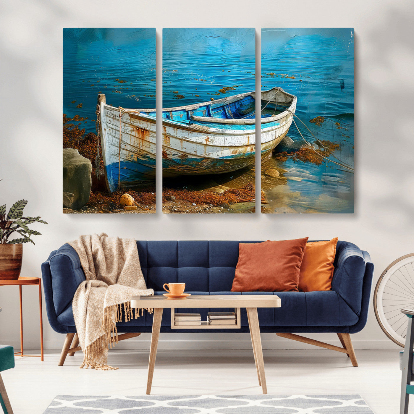 MGV-CV-48X32-3P - Vintage Boat on Tranquil Waters | Coastal Wall Art for Nautical Decor | Rustic Triptych Canvas Print