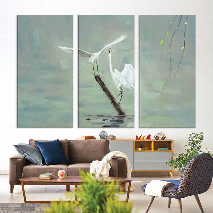 Elegant White Herons on Calm Waters | Coastal Wall Art for Nature-Inspired Decor | Serene Triptych Canvas Print | Ready to Hang Bird-Themed Art for Home Decor