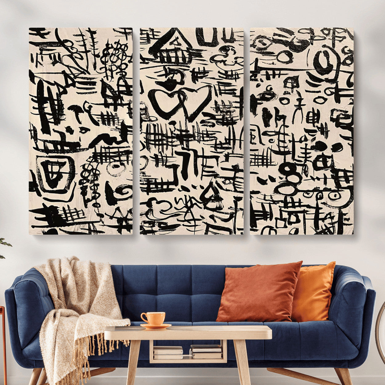 68273-MGV-CV-48X32-3P - Abstract Love and Chaos Canvas Print, Black Symbols on Beige