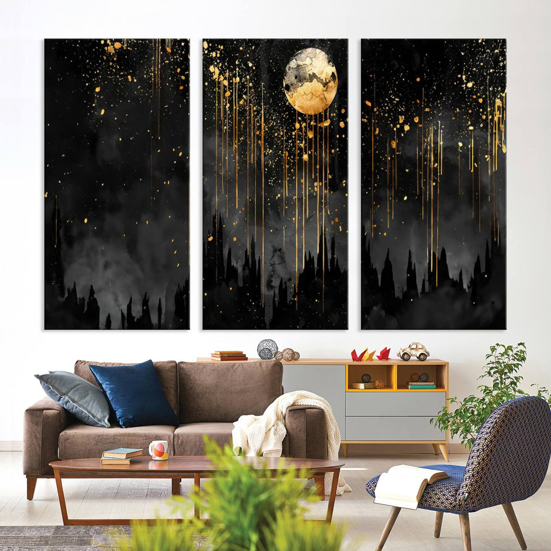 Gold Moon and Black Skyline Abstract Wall Art | Dark Modern Canvas Print with Dripping Gold Accents | Triptych Contemporary Homes