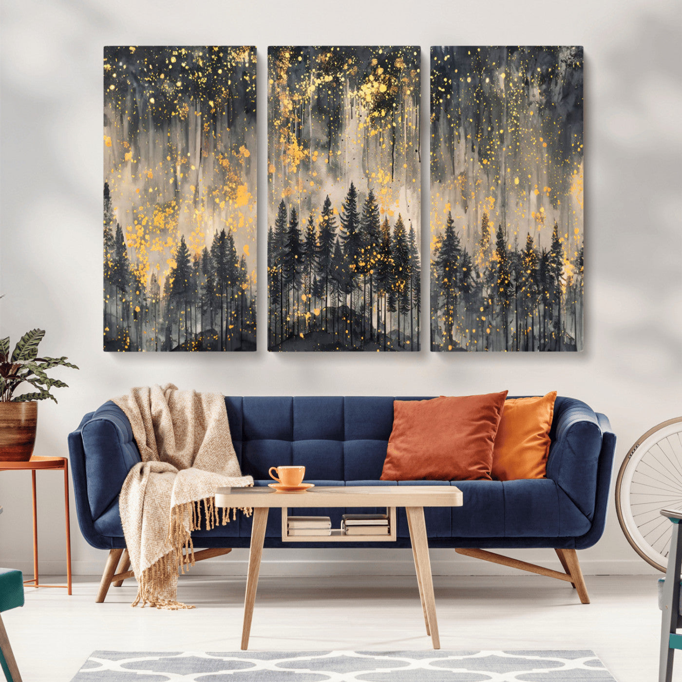 MGV-CV-48X32-3P - Golden Forest Abstract Wall Art | Dark Forest with Gold Splatter Accents | Triptych Ready to Hang