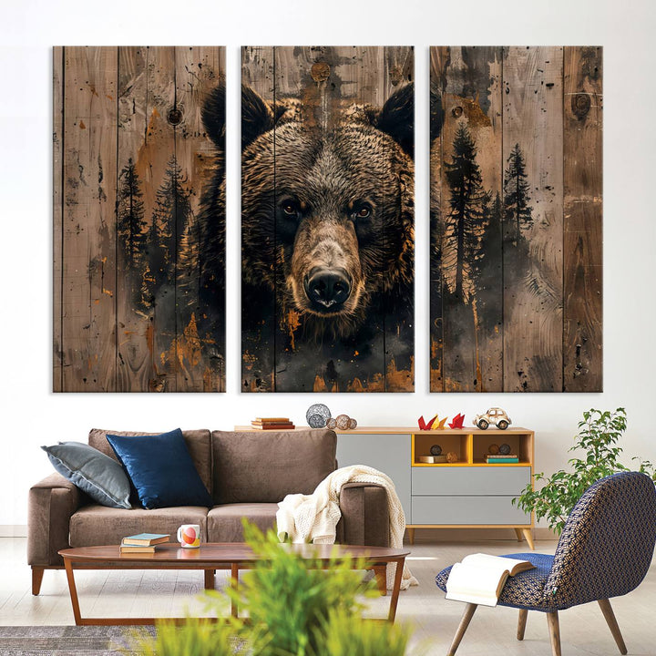 Rustic Bear Wall Art | Triptych Canvas Print | Rustic Cabin Wall Decor | Forest-Inspired Animal Art | Perfect for Farmhouse or Woodland Print