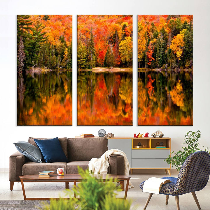 Autumn Forest Reflection Wall Art | Triptych Canvas Print | Vibrant Fall Foliage Wall Decor | Nature-Inspired Cabin Wall Art for Living Room