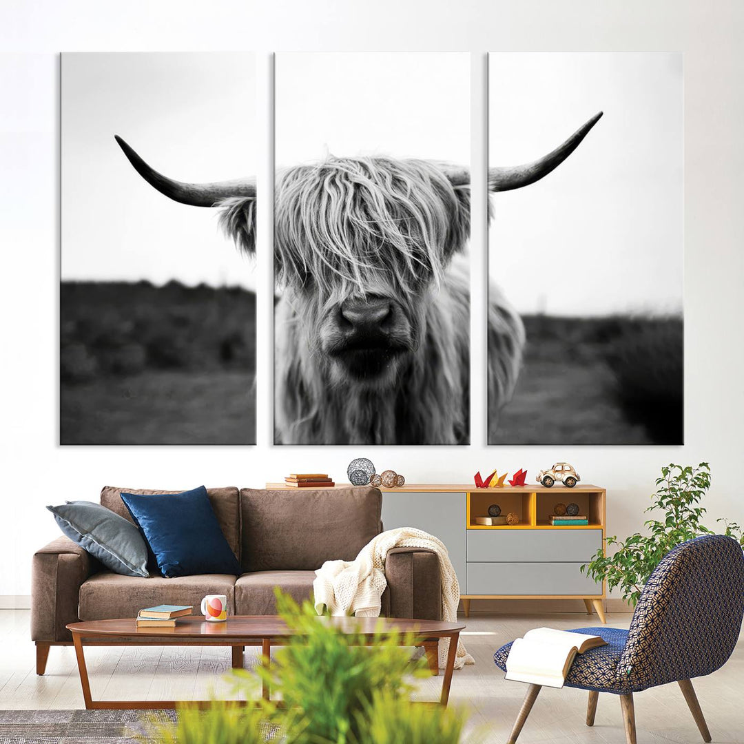 Highland Cow Wall Art | Black and White Farmhouse Decor | Ready to Hang Triptych Canvas Print | Rustic Barn Decor | Scottish Highland Cattle Art Print