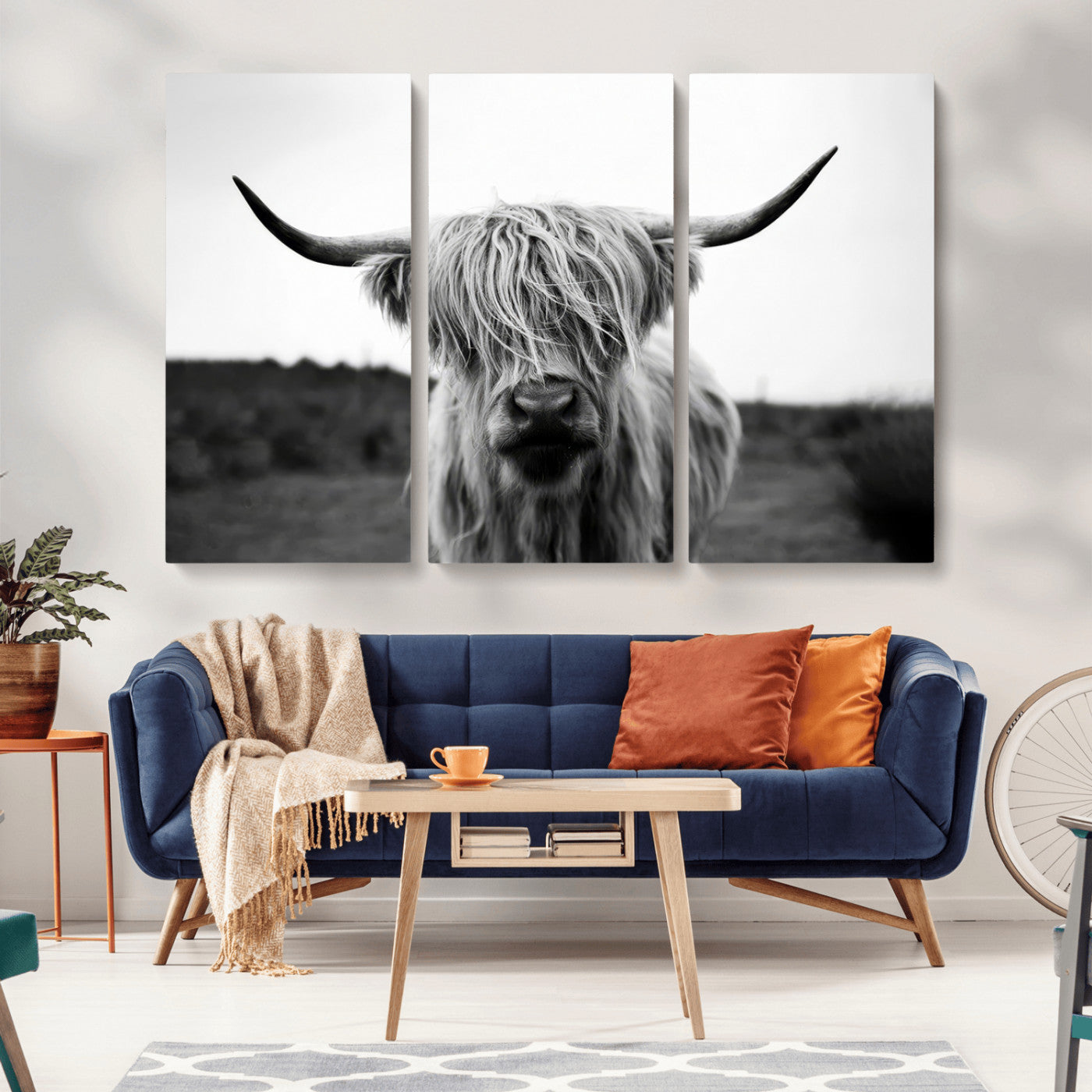 MGV-CV-48X32-3P - Highland Cow Wall Art | Black and White Farmhouse Decor | Triptych Canvas Print | Rustic Barn Decor