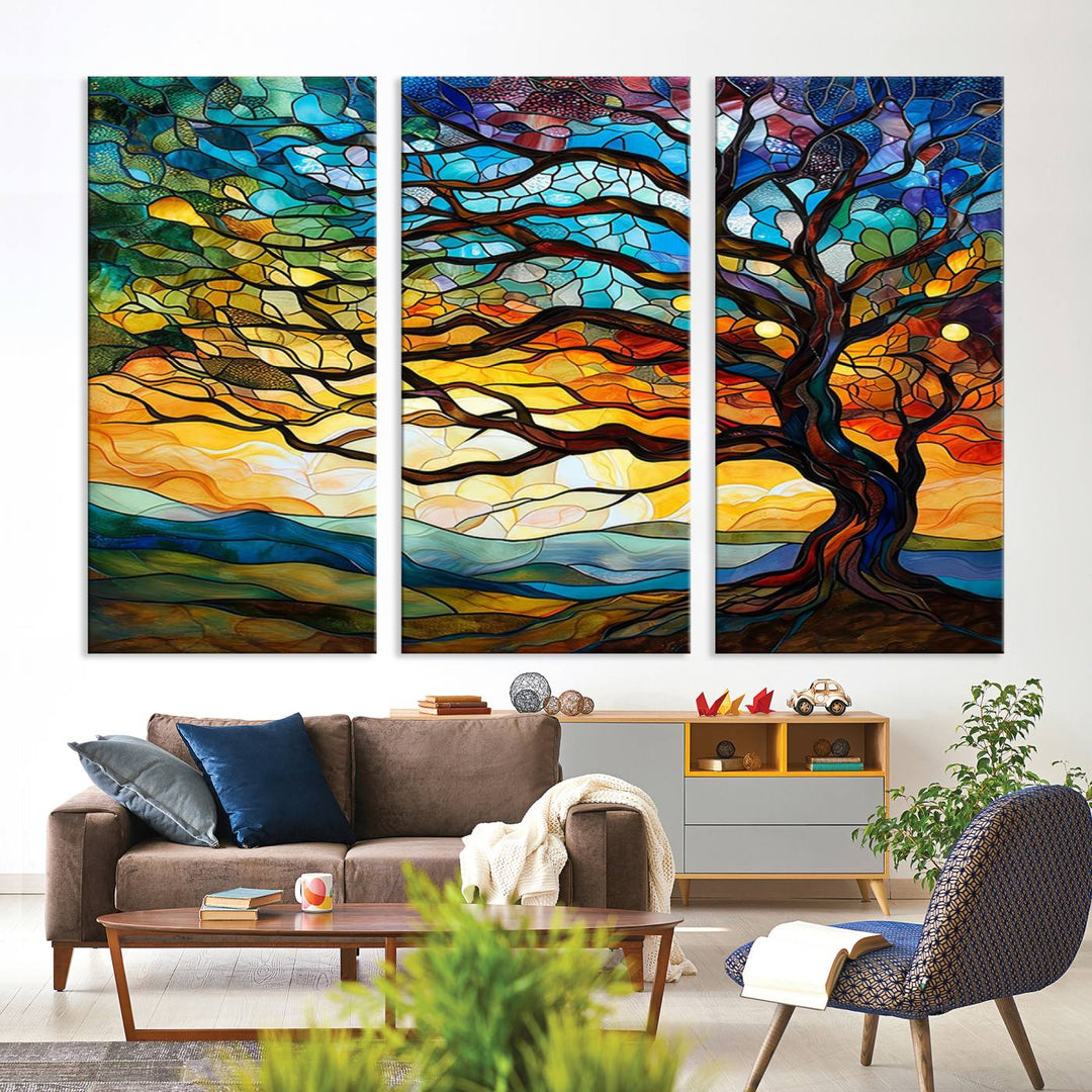 Vibrant Mosaic Tree of Life Wall Art | Stained Glass Style Canvas Print | Ready to Hang Artistic Decor