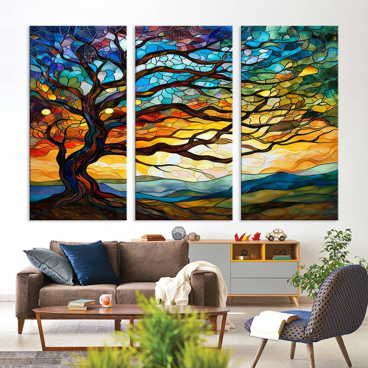 Mosaic Tree Wall Art | Ready to Hang Stained Glass Style Canvas Print | Farmhouse Wall Decor, Cabin Wall Art, and Unique Nature Home Decor