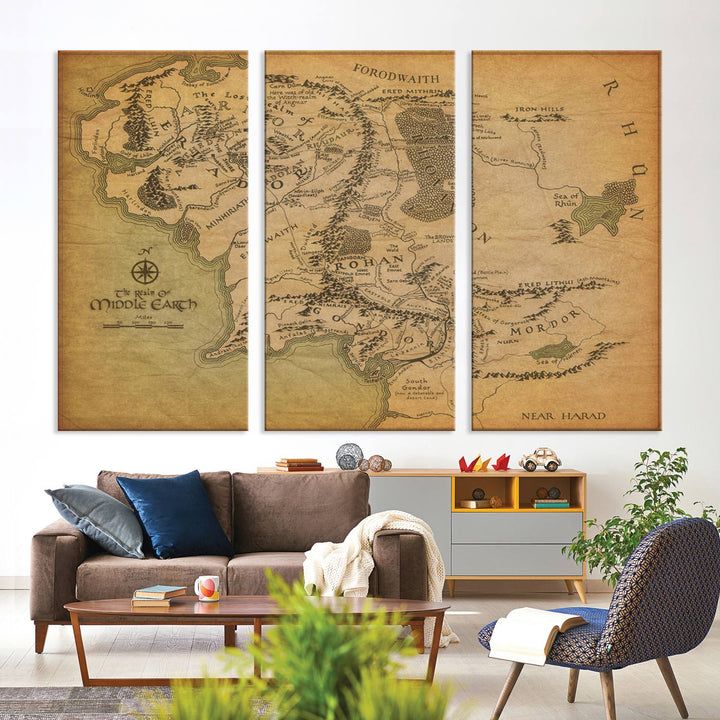 Vintage J.R.R. Tolkien Middle-Earth Map 3 Panel Canvas, perfect as wall art for home or office decor.