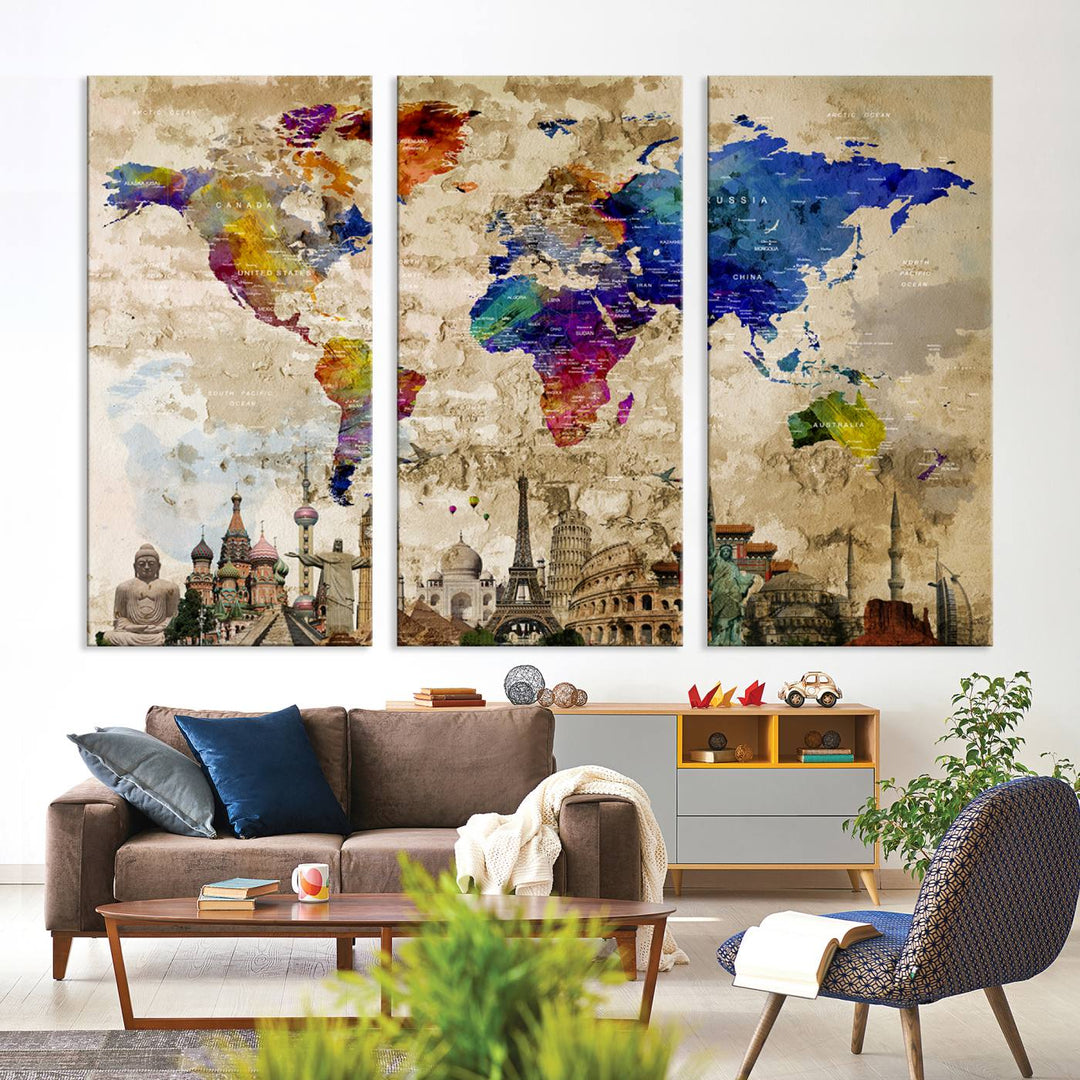 Framed World Map Canvas Print with Landmarks | Multi-Panel Wall Art | Ready to Hang Decor for Living Room, Office | Global Travel Wall Art | Vibrant Landmark Design