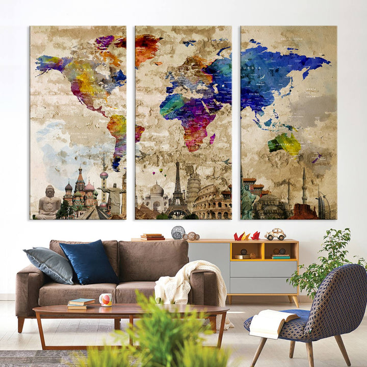 Artistic world map featuring landmarks like the Eiffel Tower, printed on premium wall art for office or living space.