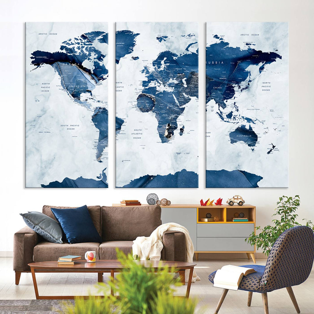 Navy Blue World Map with Antarctica Canvas: A perfect abstract home decor piece featuring a grunge-stained background.