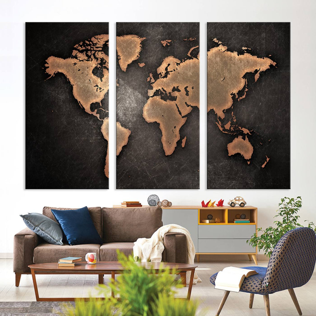 Maroon World Map Wall Art: Copper continents on a grunge-stained canvas, ideal for enhancing your decor.