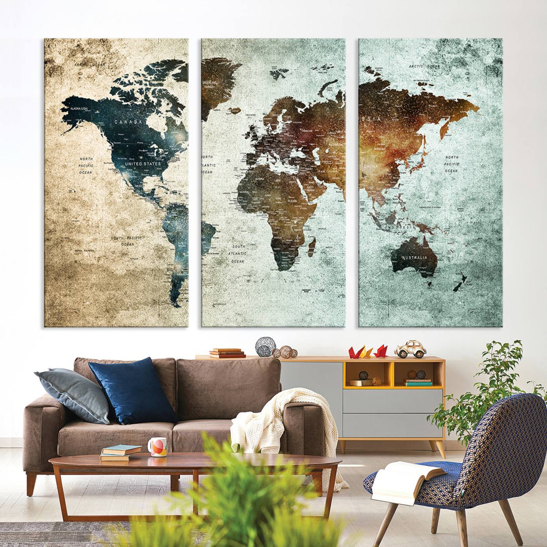 The Push Pin World Map Canvas Print serves as an ideal piece of wall art for travel lovers, showcasing vibrant colors and intricate details.