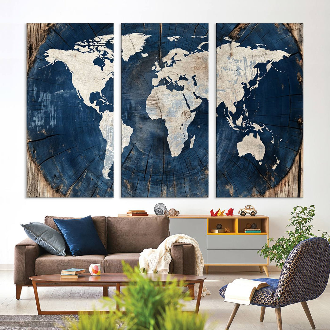 The Wood Grain World Map Wall Art, a 3-panel blue world map canvas print, is mounted above the cabinets, adding a splash of colorful sophistication to the space.