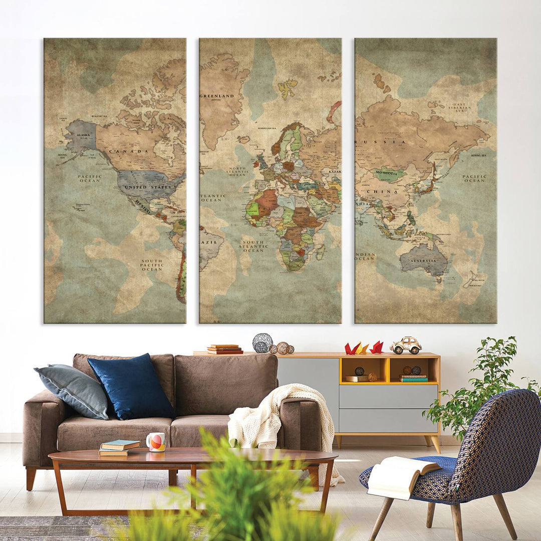 Vintage World Map Canvas Wall Art – Antique Triptych Map Print – Rustic Global Decor for Living Room or Office – Ready to Hang