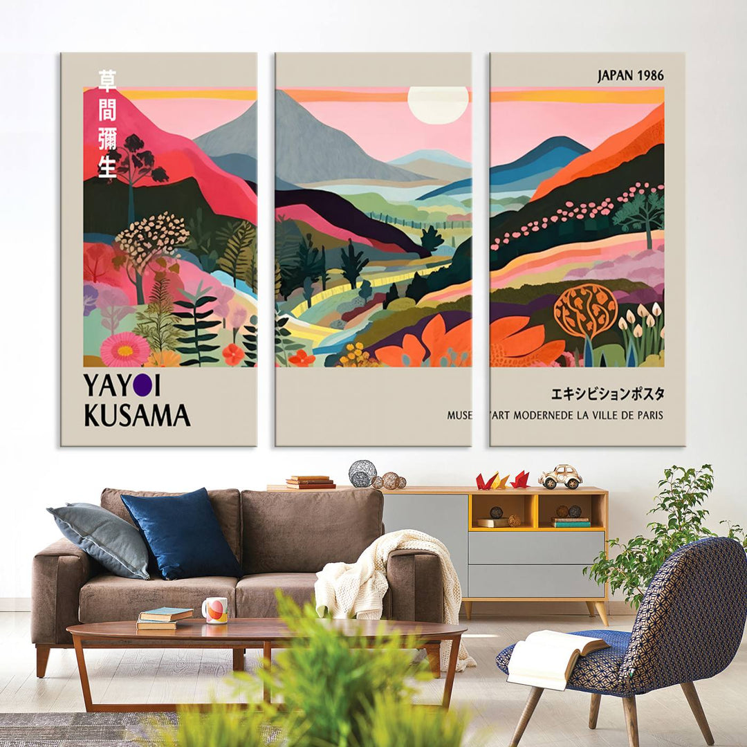 Vibrant abstract landscape canvas inspired by Yayoi Kusama, featuring mountains, trees, and flowers in a triptych style.