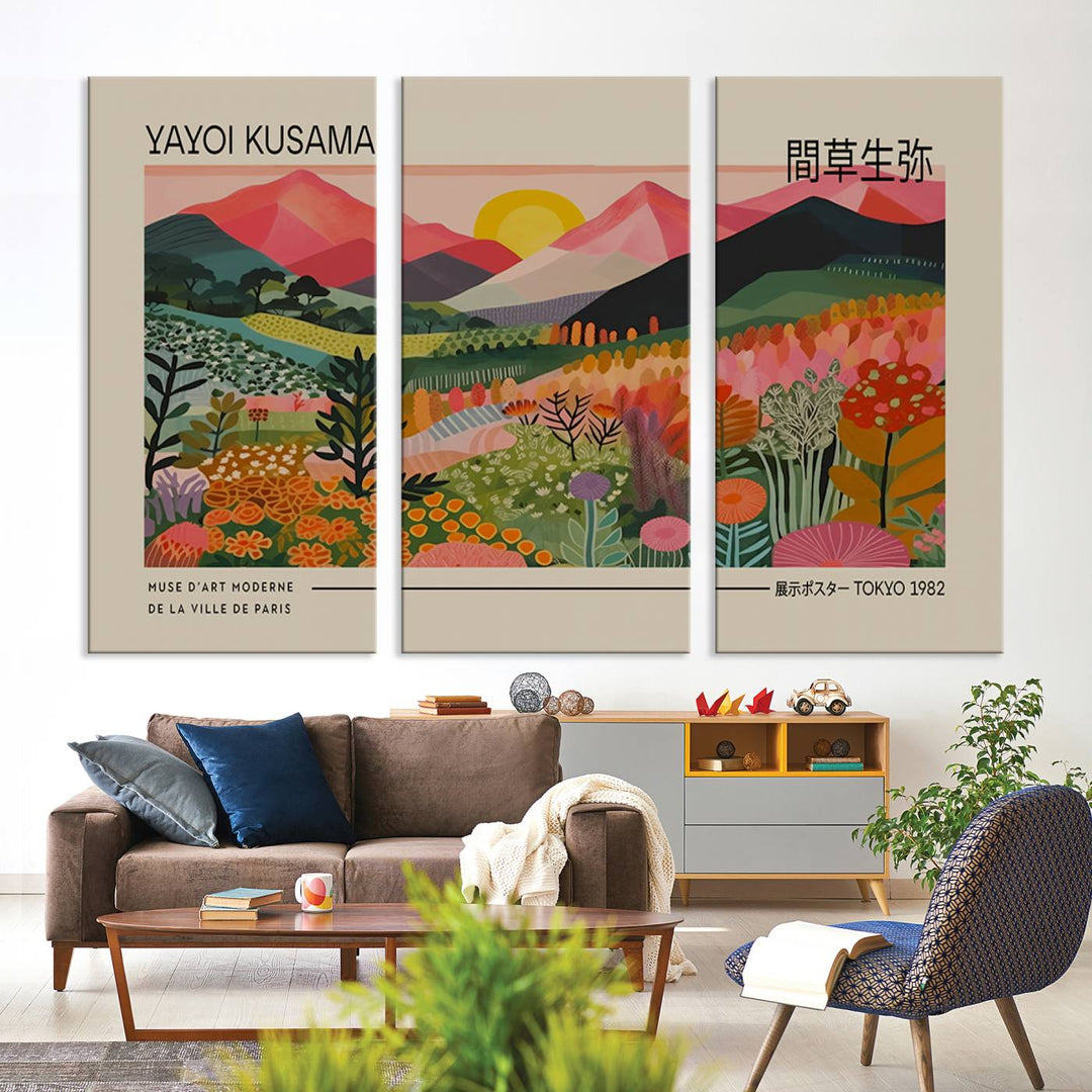 A vibrant abstract triptych features mountains, a sun, and plants in Yayoi Kusamas style with Japanese and French text included.