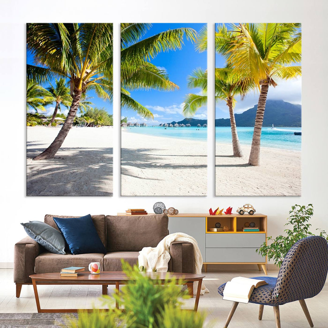 Blue Beach and Sea Wall Art Canvas Print: showcases a tropical scene with palm trees, white sand, and turquoise water.