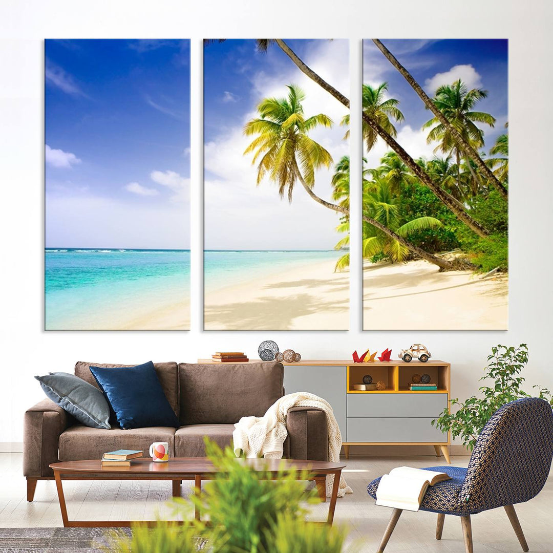 Tropical Beach Canvas: Palm Trees & White Sand Shore Decor, Vibrant Coastal Print, Ready to Hang.