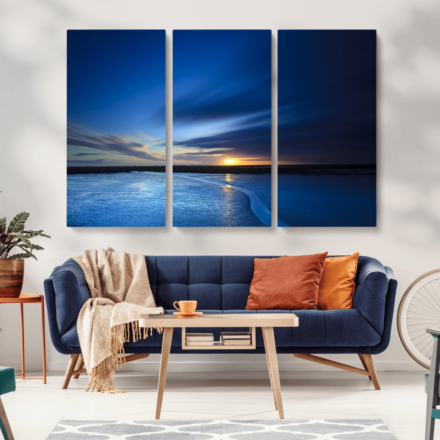 MGV-CV-48X32-3P - Blue Sunset Ocean Canvas Wall Art Print – Serene Coastal Horizon Wall Decor for Home or Office –
