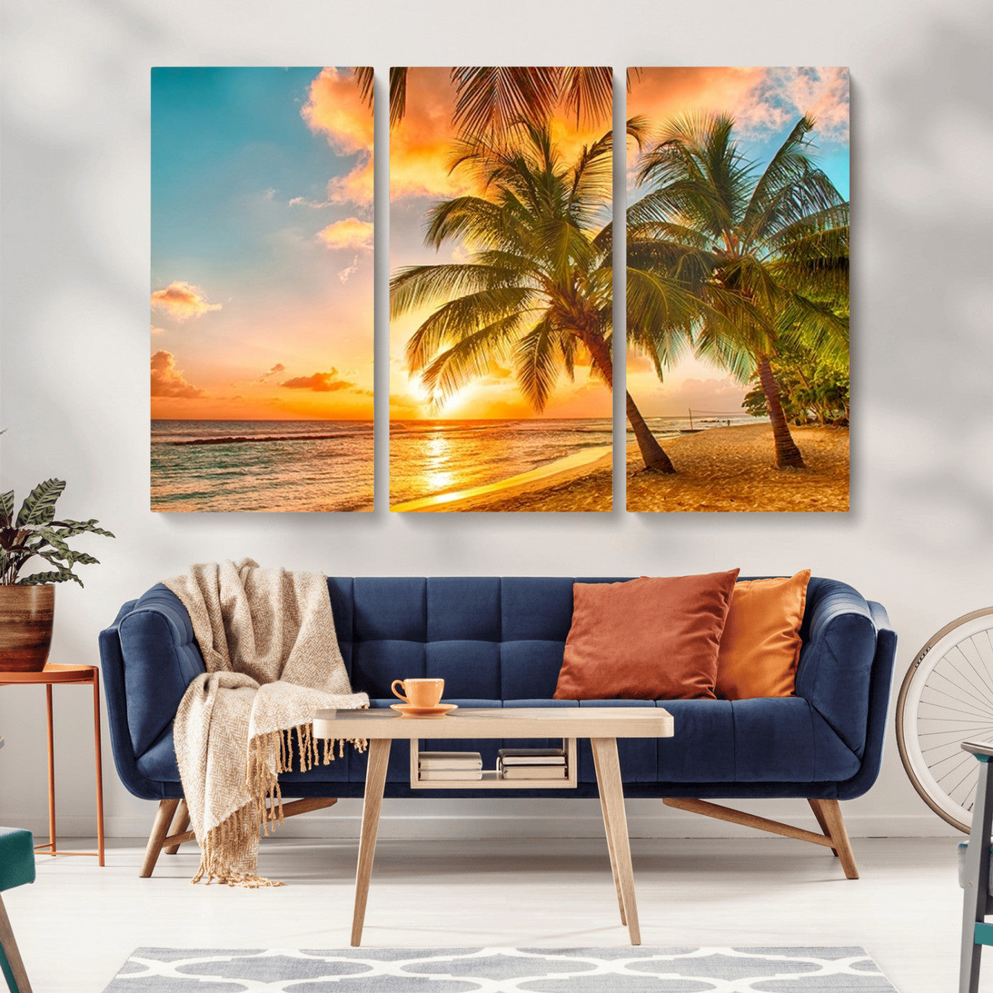 MGV-CV-48X32-3P - Tropical Sunset Beach Canvas Wall Art Print – Vibrant Palm Trees and Coastal Sunset Wall Decor for