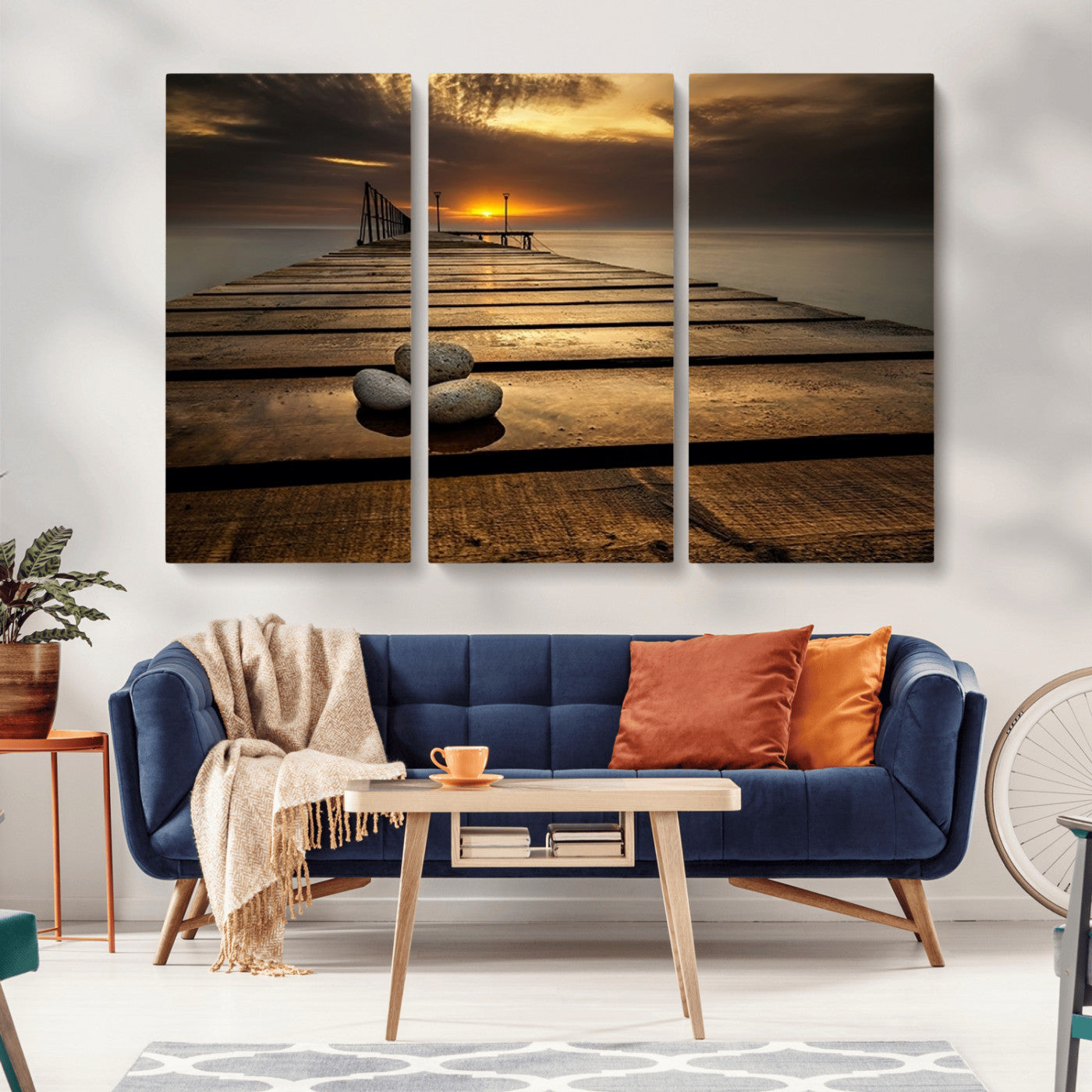 MGV-CV-48X32-3P - Stones on Wooden Pier at Sunset Canvas Print, Serene Coastal Wall Art, Beach Sunset Photography,