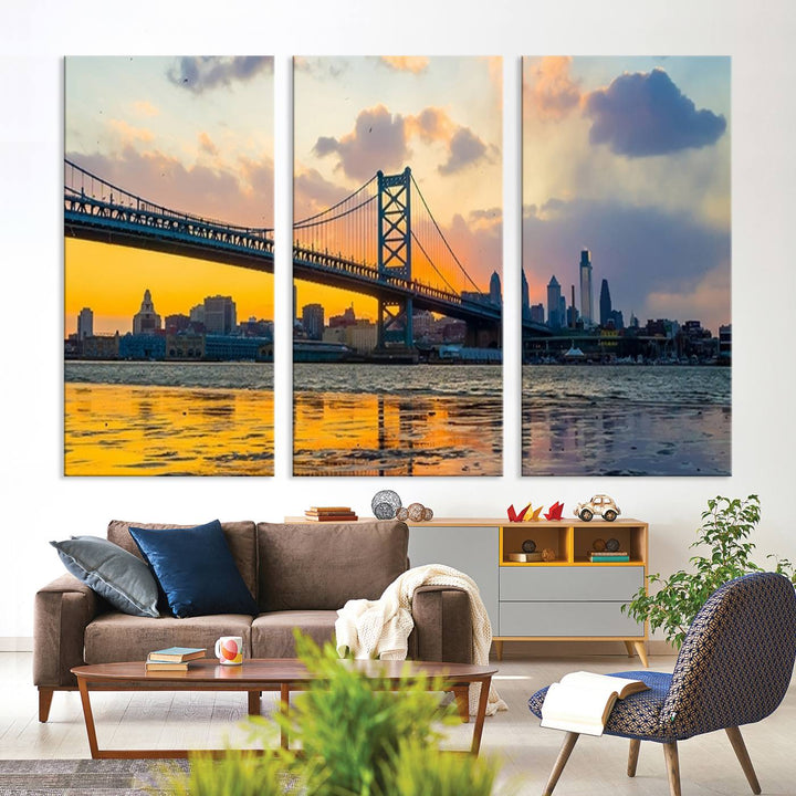 Ben Franklin Bridge Wall Art Print – Philadelphia Skyline Sunset Canvas Wall Art Canvas Print – Giclee City for Dining Room, Office or Living Room