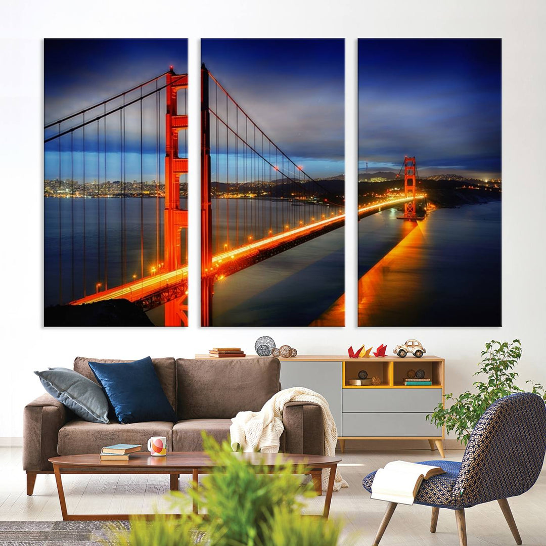 The living room features a large San Francisco canvas art piece—a stunning triptych of the Golden Gate Bridge at twilight, known as the "Large Wall Art San Francisco Canvas Print - Wonderful Golden Gate Bridge at Twilight.