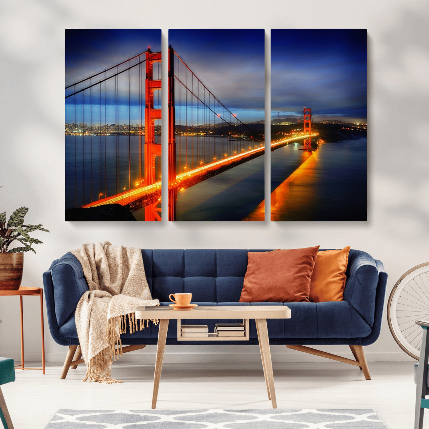 MGV-CV-48X32-3P - Large Wall Art San Francisco Canvas Print - Wonderful Golden Gate Bridge at Twilight