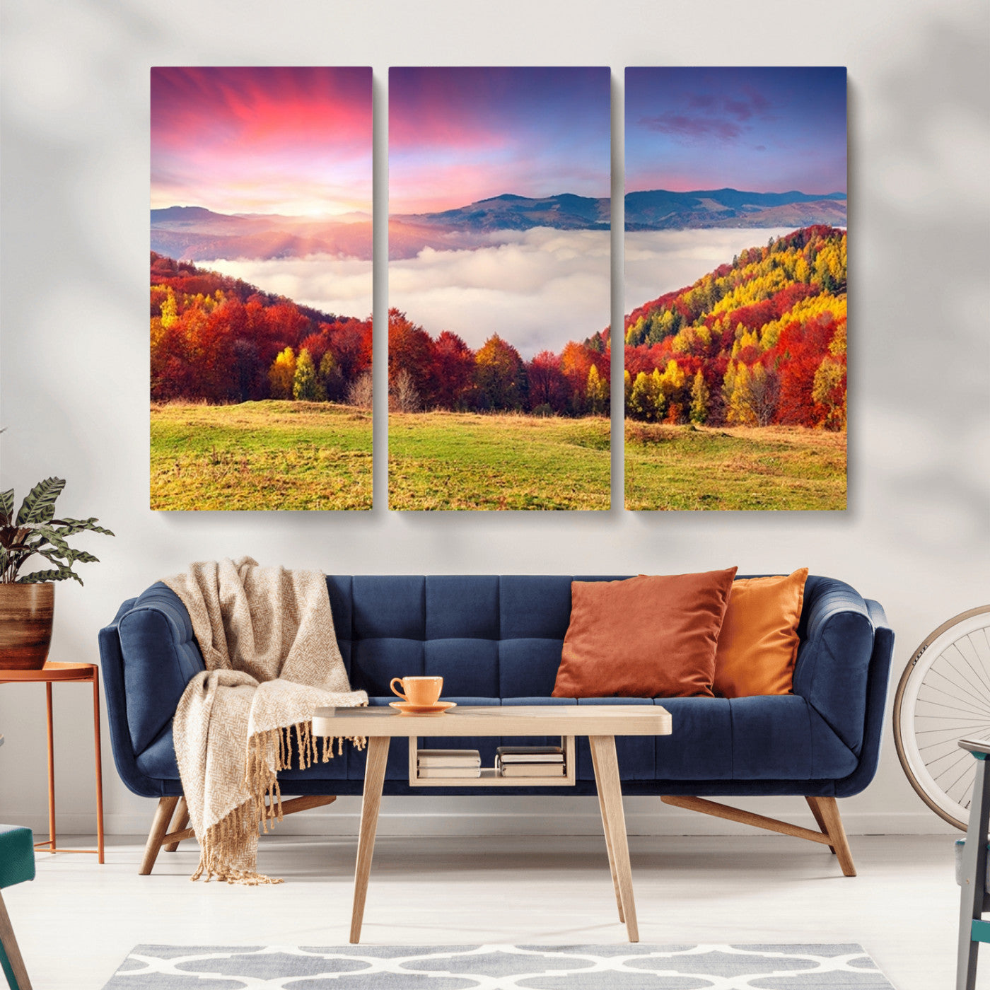 MGV-CV-48X32-3P - Autumn Mountain Foggy Landscape Wall Art Canvas Print | Beautiful Forest Canvas Print | Misty