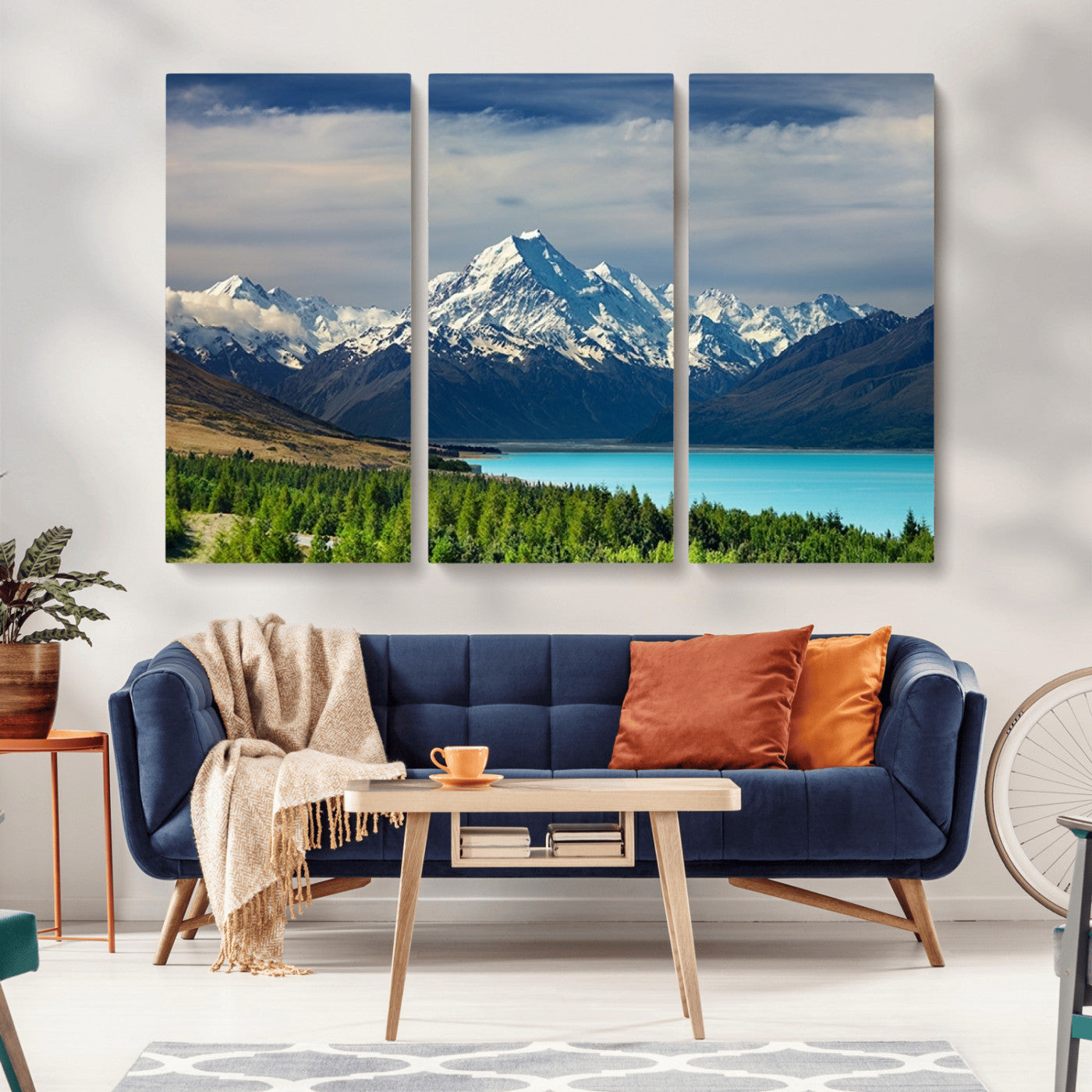 MGV-CV-48X32-3P - Mount Cook and Lake Pukaki Canvas Wall Art Print – Majestic Snow-Capped Peaks and Serene Lake Wall