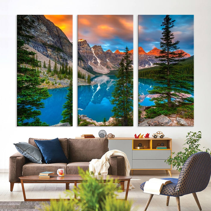 A kitchen featuring a Canadian Rockies Moraine Lake Wall Art Canvas Print displayed on the wall.