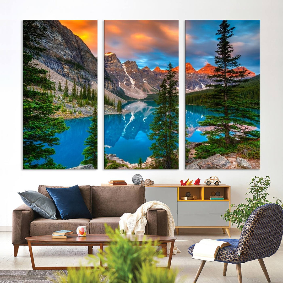 The dining room features a stunning piece of wall art depicting the Canadian Rockies Moraine Lake.