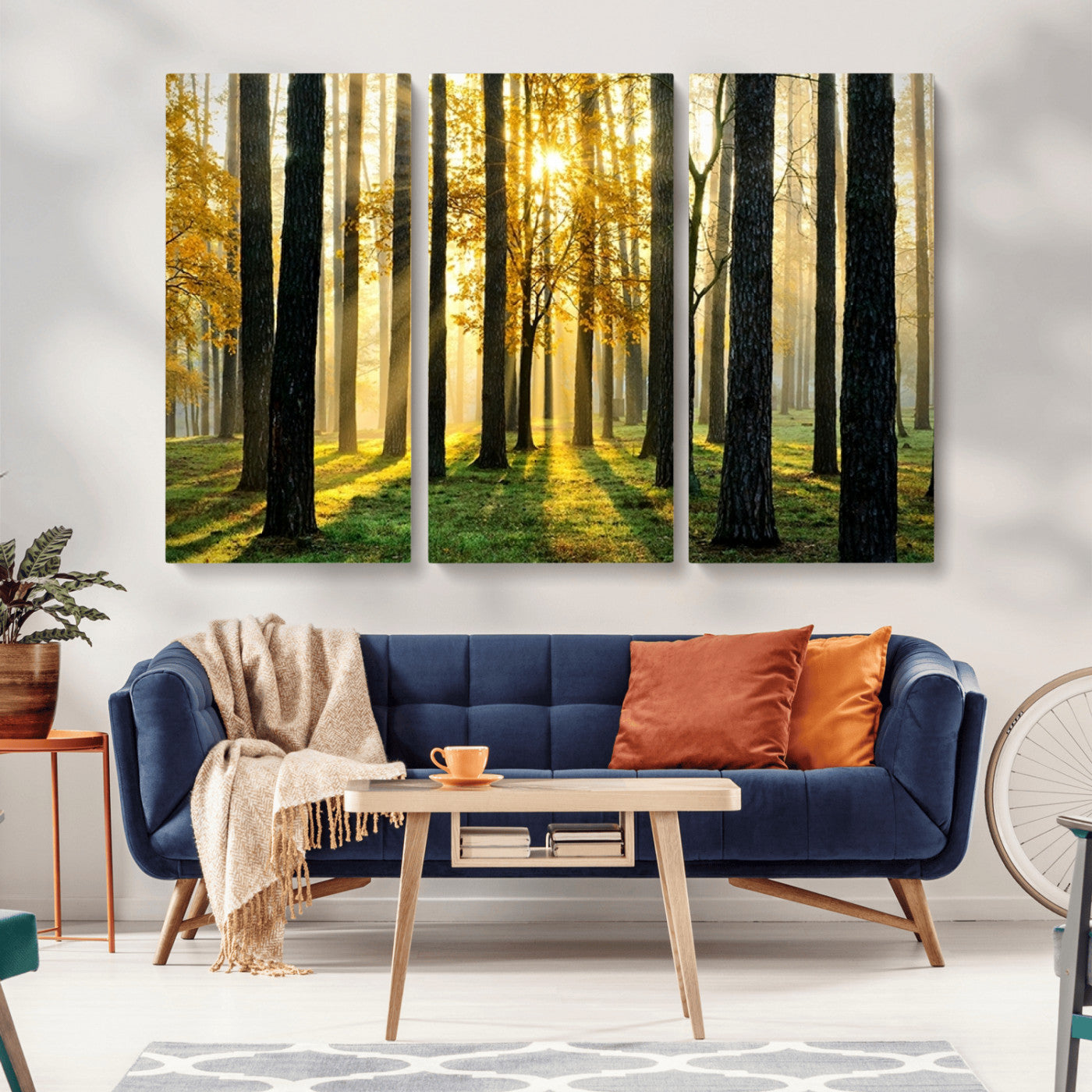 MGV-CV-48X32-3P - Sunlit Forest Canvas Wall Art – Serene Woodland Triptych Landscape Print – Nature-Inspired Decor for