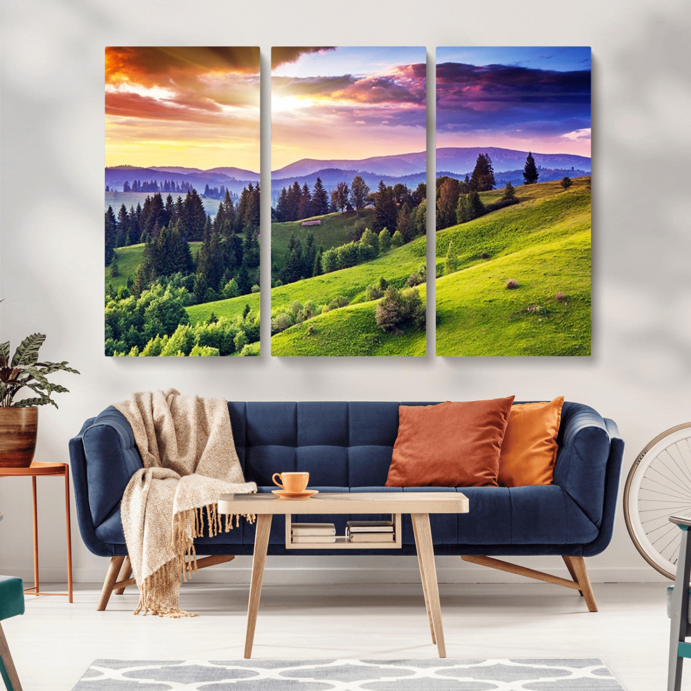MGV-CV-48X32-3P - Green Hills and Sunset Wall Art Print - Scenic Landscape with Lush Greenery and Vibrant Sky, Ready