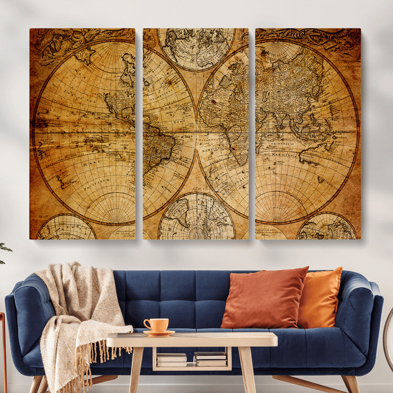 25517-MGV-CV-48X32-3P - Vintage World Map Canvas Print – Antique Push Pin Travel Map, Framed Wall Art for Home or Office Decor