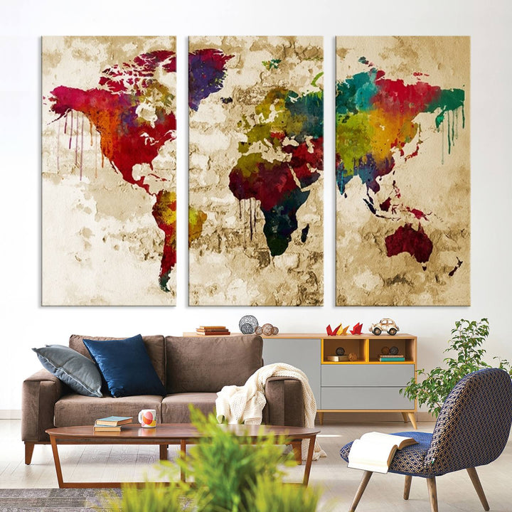 Wall Art World Map Canvas Print Rainbow Colored Vintage Style World Map