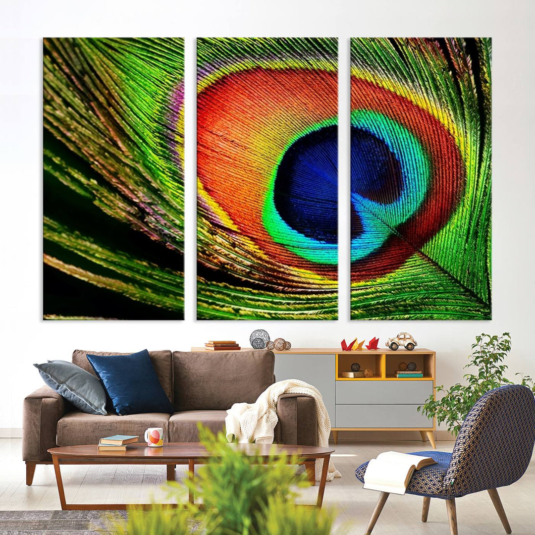 The Colorful Peacock Feather Wall Art Print graces the wall.