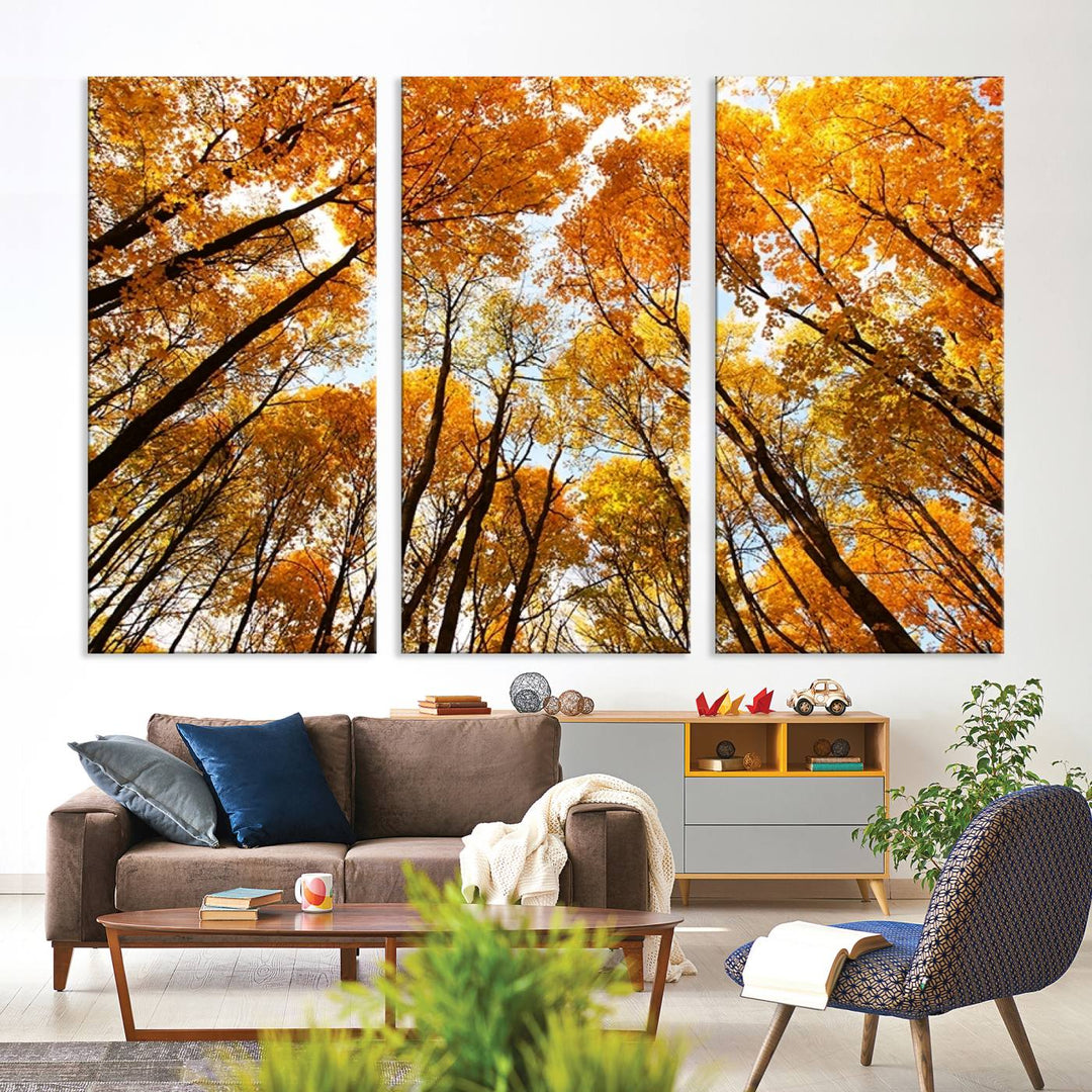 A Golden Autumn Forest Wall Art Print under a clear blue sky.