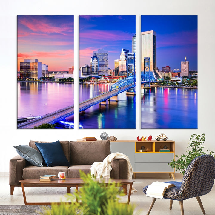 The Jacksonville Wall Art Canvas Print, showcasing the Jacksonville cityscape over a river at sunset, is elegantly crafted on museum-quality canvas with a UV-protective coating. Ready to hang, it elevates your space with its sophisticated charm.